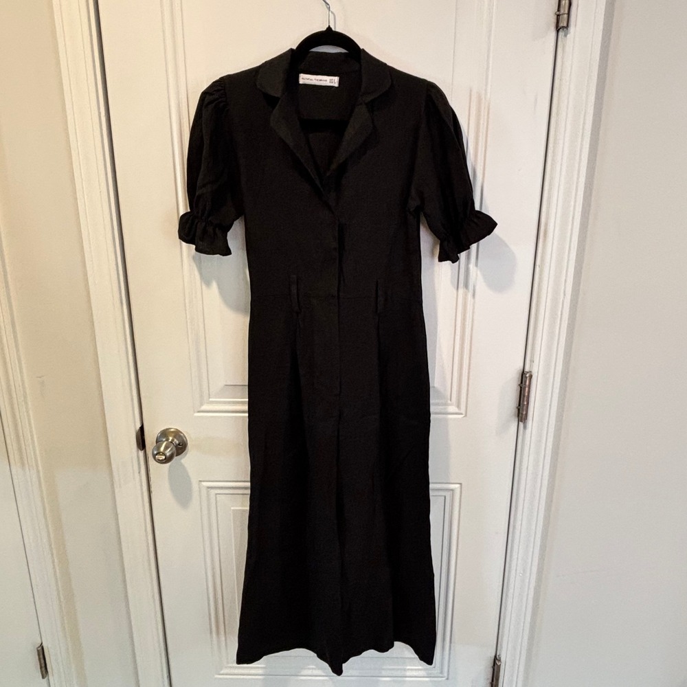 Faithfull The Brand Frederikke Linen Jumpsuit Sz XS Black Puff Sleeve Wide Leg